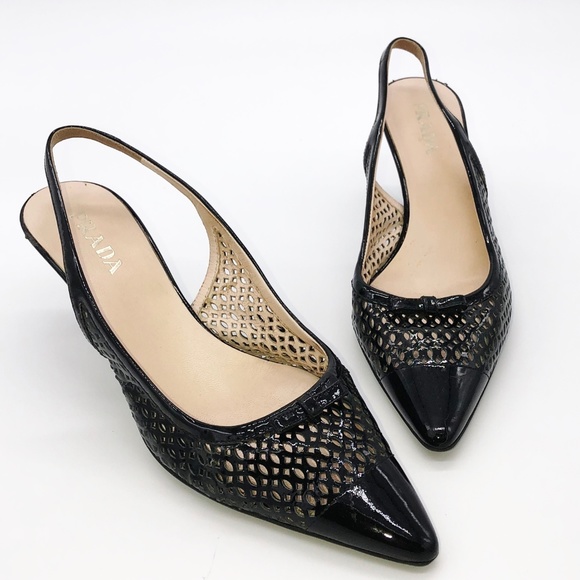 Prada Shoes - Prada black patent leather laser cut slingbacks